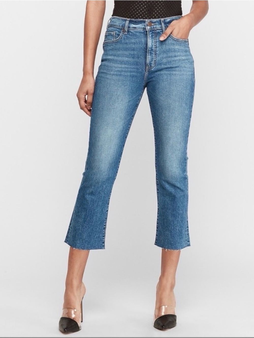 EXPRESS High Waisted Raw Hem Cropped Flare Jeans 10R
